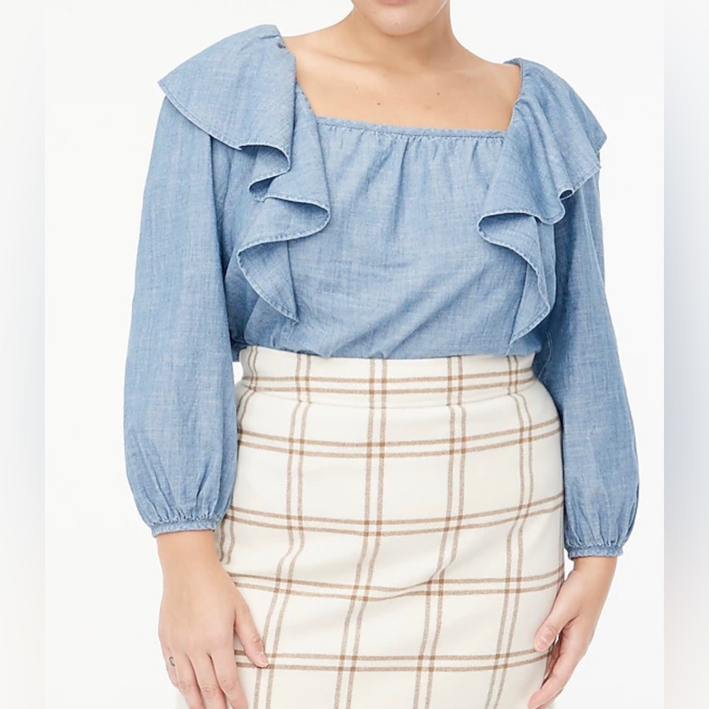 NWT J Crew LS Chambray squareneck ruffle topp